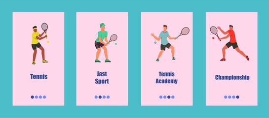 Tennis mobile app template. Young people play tennis. Concept of a tennis school, competition, or championship. Flat vector illustration.