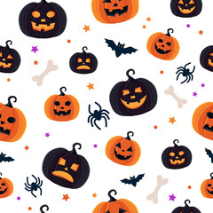 Halloween pattern with different pumpkins, spooky jack o lantern, spiders and bats