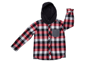 Hoodie isolated. Close-up of a trendy red checkered hoodie shirt with long sleeves for boy isolated on a white background. Childrens spring, autumn and winter fashion.