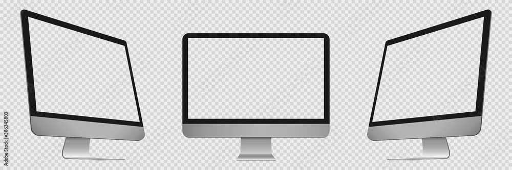 Fototapete Desktop computer with transparent display. PC in front and side view. Isolated realistic mockup of computer screen. Desktop monitor with editable display. Vector EPS 10.