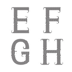 E, F, G, H black striped letters with flourishes. Font of Zebra pattern.
