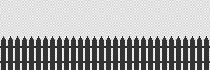 Wooden fence on transparent background. Isolated garden barrier in black color. Simple illustration of farm fence banner. Rustic wall. Vector EPS 10.