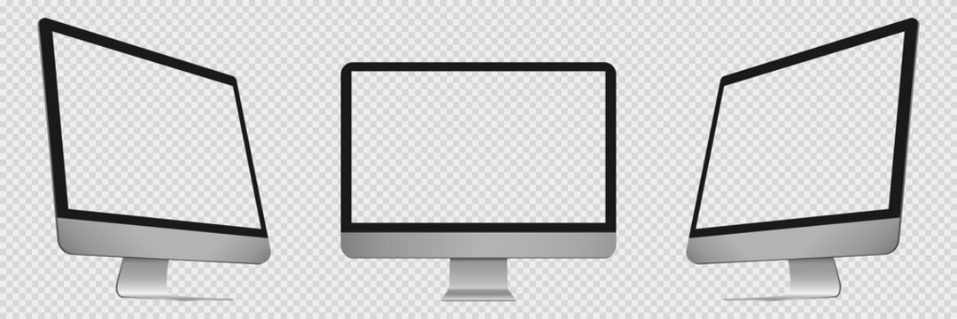 Desktop computer with transparent display. PC in front and side view. Isolated realistic mockup of computer screen. Desktop monitor with editable display. Vector EPS 10.