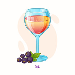 Vector Kir Cocktail Glass with black currant. Alcohol drink