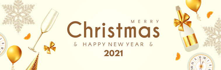 Merry Christmas and Happy New 2021 Year poster template with 3D realistic champagne glasses, snowflakes, clock and balls. Holiday header design