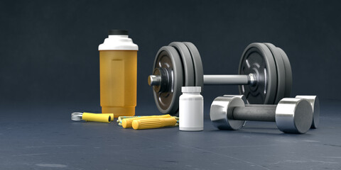 Supplement and gym and fitness workout equipment. Sport lifting bodybuilding concept with vitamins background. Body supplements copy space black  template. 3d rendering.