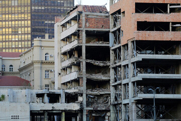 Ruins of the ex Yugoslav Ministry of Defense headquarters is still be seen in the city of Belgrade,...