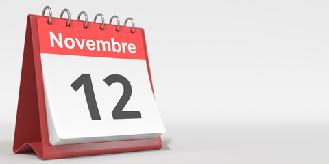 November 12 date written in French on the flip calendar page, 3d rendering