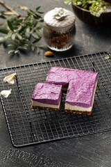 No bake eco-friendly blueberry cake on metal tray