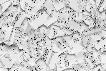 Musical notes on scraps of paper - obrazy, fototapety, plakaty