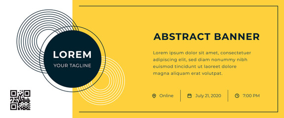 Abstract banner with logo and contact information on yellow background. Vector template for webinar, conference, e-mail, flyer, meetup, party, event, web header
