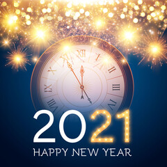 Obraz na płótnie Canvas Happy New 2021 Year Background with Clock, Snowflakes and Bokeh Effect