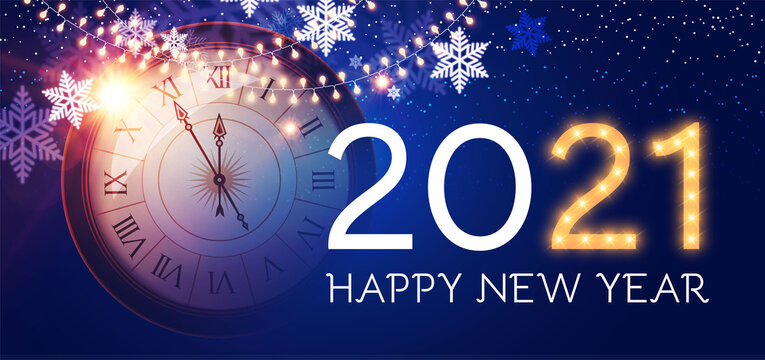 Happy New 2021 Year Background with Clock, Snowflakes and Bokeh Effect