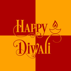 Happy Diwali greeting card with intricate calligraphy and illuminated Diwali lamp.