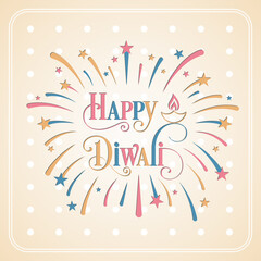 Happy Diwali greeting card with intricate calligraphy and illuminated Diwali lamp.