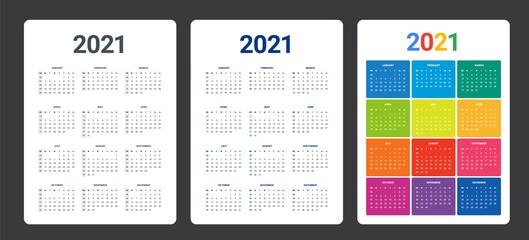 2021 grid calendar. minimal and colorful.Calendar with week numbers. Week Starts on Monday.  Calendar template set.