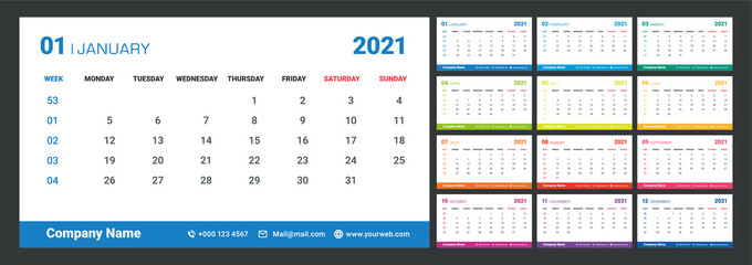 Colorful 2021 calendar with week numbers. Week Starts on Monday. Planner diary in a minimalist style. Template design with Place for web, phone and Company Logo.