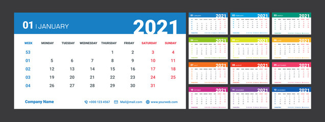 Colorful 2021 calendar with week numbers. Week Starts on Monday. Planner diary in a minimalist style. Template design with Place for web, phone and Company Logo.