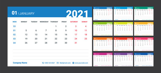 2021 Weekly Planning Calendar. Colorful set. Calendar with week numbers. Week Starts on Monday. Planner diary in a minimalist style. Template design with Place for web, phone and Company Logo.