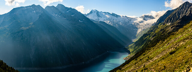 Lake Schlegeis is located in the Zillertal valley, underneath the famous Olperer mountain hut.