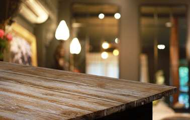 Wood Table Top in Blur Background room interior with empty copy space.
