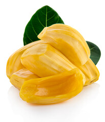 Jackfruit with jackfruit leaf, isolated on white background.