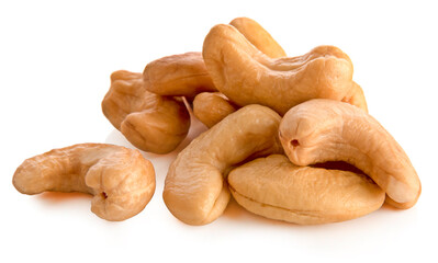 Roasted cashew nuts isolated on white background.