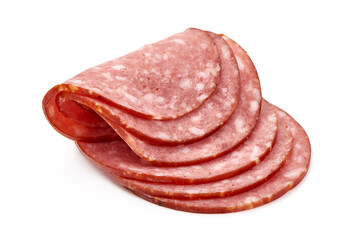 Sliced salami smoked sausage, isolated on white background