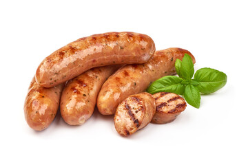 Grilled bratwurst sausages, isolated on white background