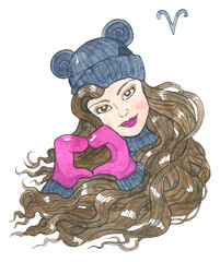 Aries zodiac symbol isolated on white. Beautiful girl wearing mittens showing heart sign