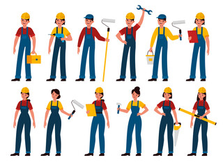 Builders. Men and women professional contractors, technician with toolbox, painter, carpenter and mechanic in uniform and helmet with tools saw, hammer and paint roller flat vector character