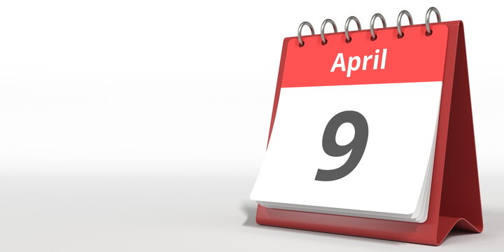 April 9 date on the flip calendar page, 3d rendering