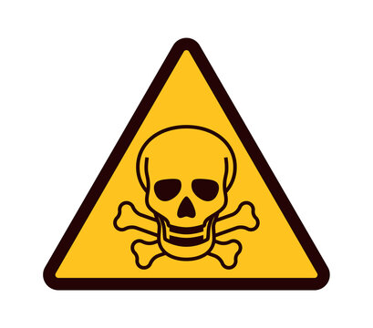Warning sign with skull. Yellow triangle with black attention symbol, dangerous area emblem, pollution industrial zone pictogram, beware hazards flat vector isolated illustration