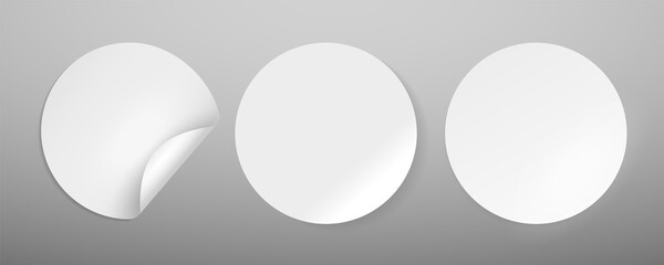 Round stickers mockup. Adhesive white blank circle labels with curved corner and straight collection, empty paper or plastic emblem template with shadows vector isolated realistic set