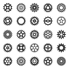 Gears. Transmission cogwheel movement black silhouette collection, connecting mechanism cog system set, mechanical engine structure component app circle button graphic vector icons
