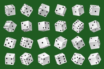 Dices template. Gambling game white 3d cubes with black pips different angles and combinations, online casino random number generator. 24 variations loss dice. Vector realistic set