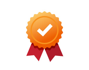 Golden rosette award medal with check mark tick label, concept of premium quality or recommended certificate icon, idea of guaranty or warranty badge, approved check mark ribbon