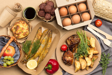 Picnic food in Eco-friendly cardboard disposable dishes.