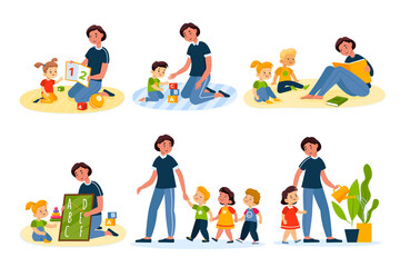 Fototapeta premium Kids in kindergarten. Preschool children girls, boys and teacher learn numbers and english alphabet, play together, child listen fairy tales vector cartoon characters collection