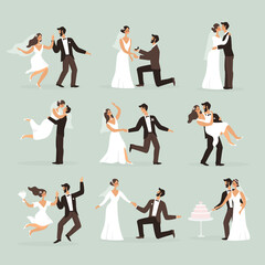 Bride and groom. Wedding couple in various poses jump, dance and kiss, hug and cut cake. Marriage ceremony scenes, man and woman in love vector flat cartoon trendy characters set