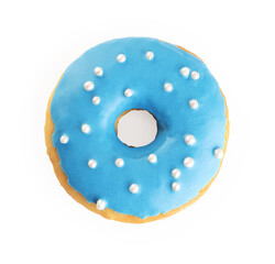 Donut with blue glaze and white balls isolated on white background.