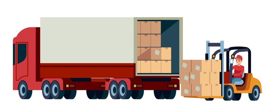 Loader unloads cargo from truck. Delivery service and moving concept. Logistic transportation forklift and trucks with cardboard boxes. Warehouse worker moving container vector illustration