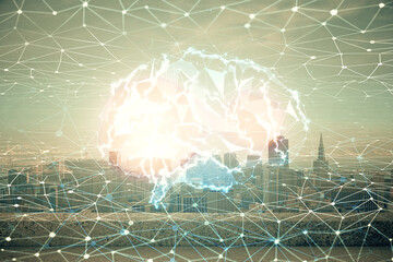 Brain hologram drawing on cityscape background multi exposure. Ai in modern city concept.