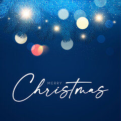 Merry Christmas and Happy New Year Holiday background with fir tree branches, bokeh effect and lights