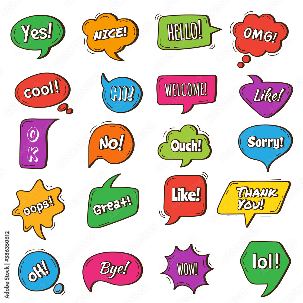 Poster bubble talk. speech round frames with phrases different tags dialogue words vector chat symbols. bub