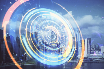 Double exposure of technology theme hologram and cityscape background. Concept of Hightech.