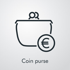 Icono lineal con texto Coin purse con monedero con símbolo de euro en círculo en fondo gris - obrazy, fototapety, plakaty