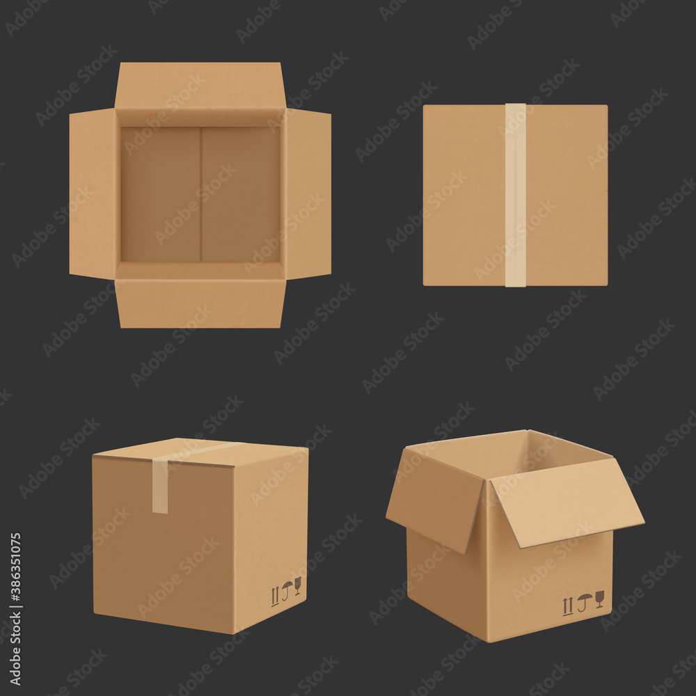 Poster cardboard box. paper box different point views transporting package realistic vector mockup. illustr
