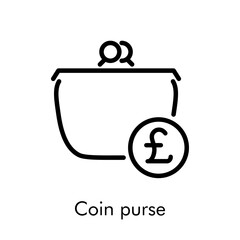 Icono lineal con texto Coin purse con monedero con símbolo de libra sterling en círculo en color negro - obrazy, fototapety, plakaty