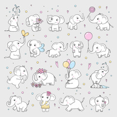 Fototapeta na wymiar Cute elephant. Wild animals in various poses attractive characters vector cartoon drawn sketch. Elephant adorable with trunk, different pose mascot illustration